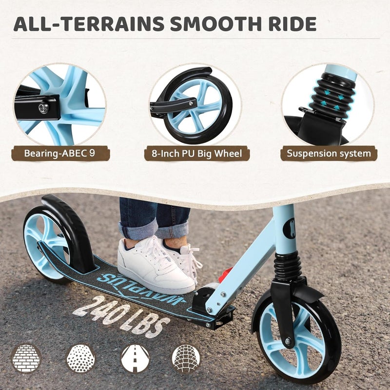 WAYPLUS Kick Scooter for Ages 6+,Kid, Teens & Adults. Max Load 240 LBS. Foldable, Lightweight, 8IN Big Wheels for Kids, Teen and Adults, 4 Adjustable Levels. Bearing ABEC9 - Image 4